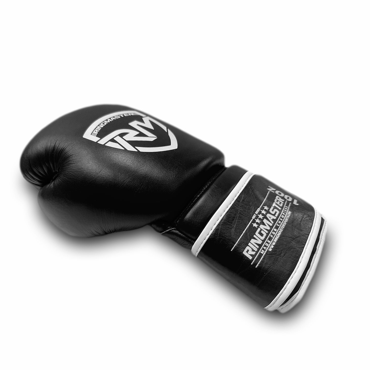 Slant view RingMaster Sports Boxing Gloves Champion Series IBA Styled Genuine Leather Black