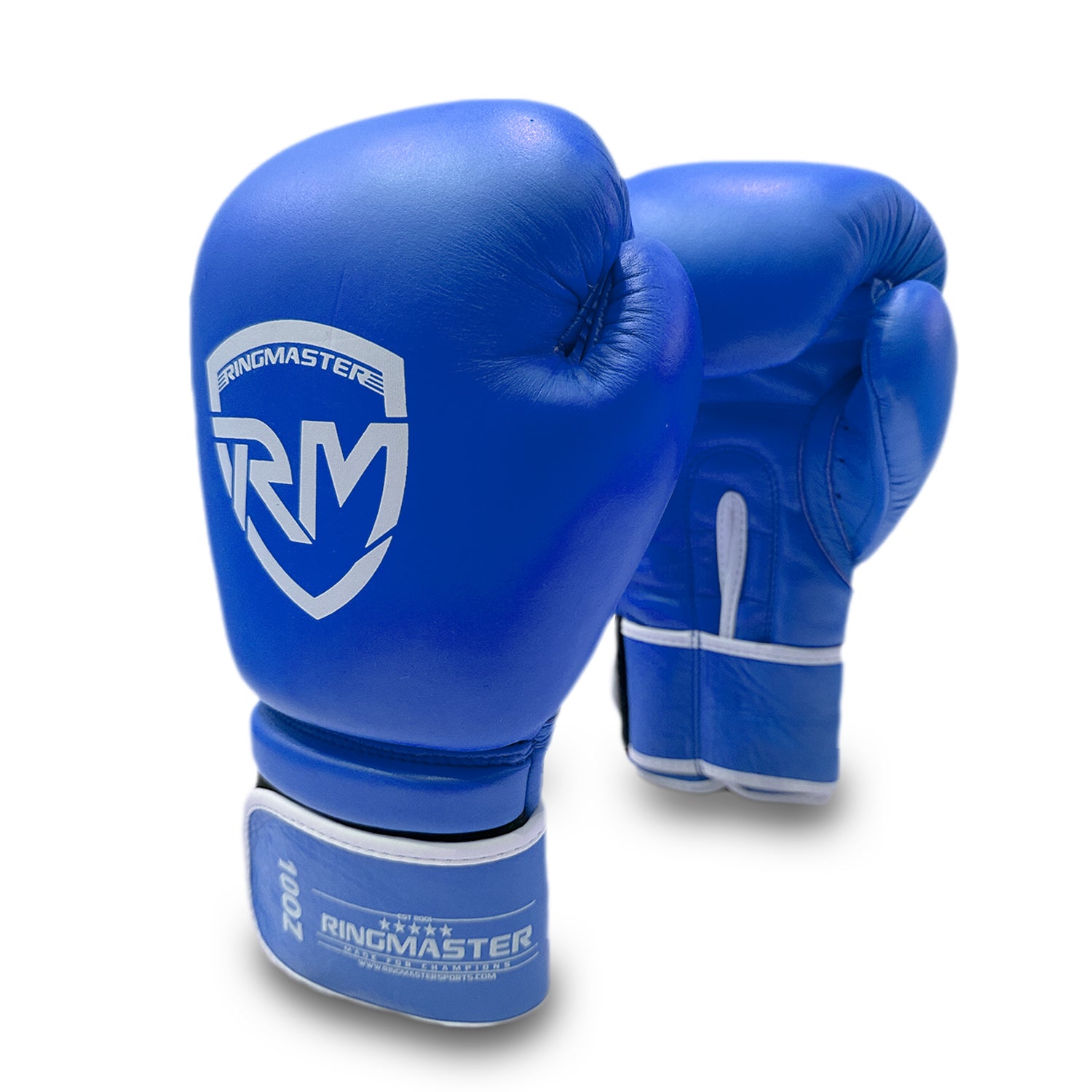 Full view RingMaster Sports Boxing Gloves Champion Series IBA Styled Genuine Leather Blue