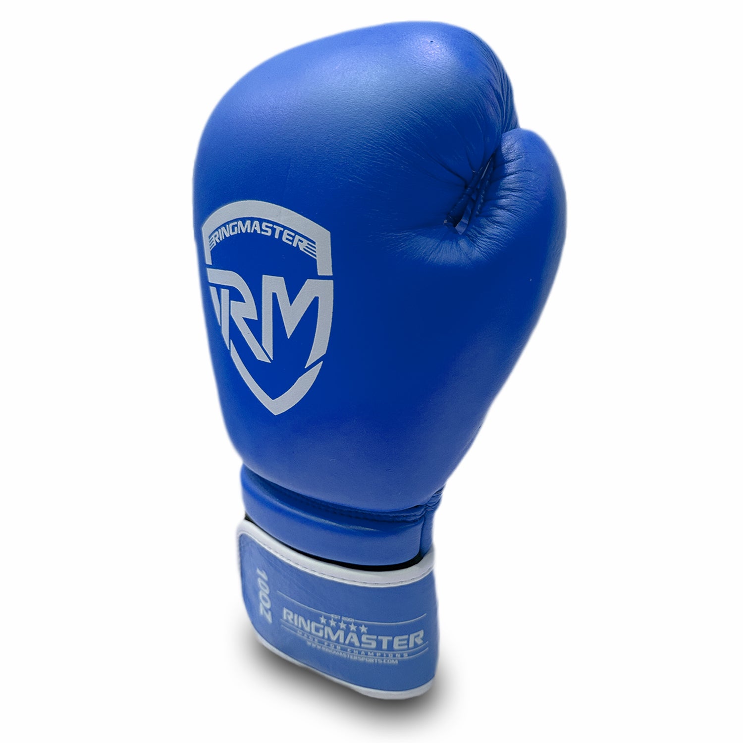 side view RingMaster Sports Boxing Gloves Champion Series IBA Styled Genuine Leather Blue