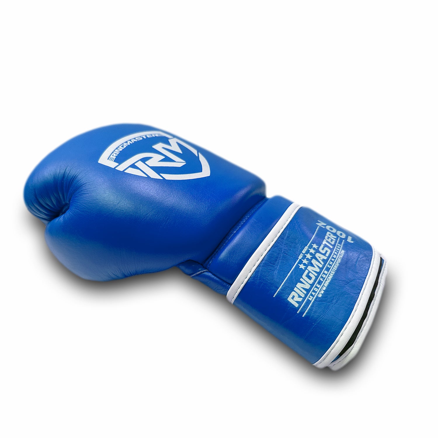 slant view RingMaster Sports Boxing Gloves Champion Series IBA Styled Genuine Leather Blue