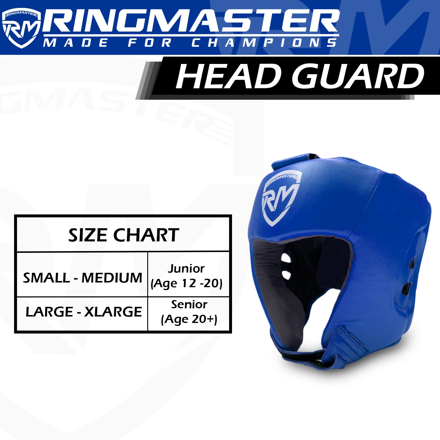 Size Chart Ringmaster Head guard Boxing, Best boxing head guard, boxing head guard uk, MMA head guard, boxing headgear, Martial Arts head guard, boxing head guard open face, Boxing head guard for sale, face guard boxing, Blue Head guard Boxing, RingMaster Sports Open Face Boxing HeadGuard Synthetic Leather Blue Image 3