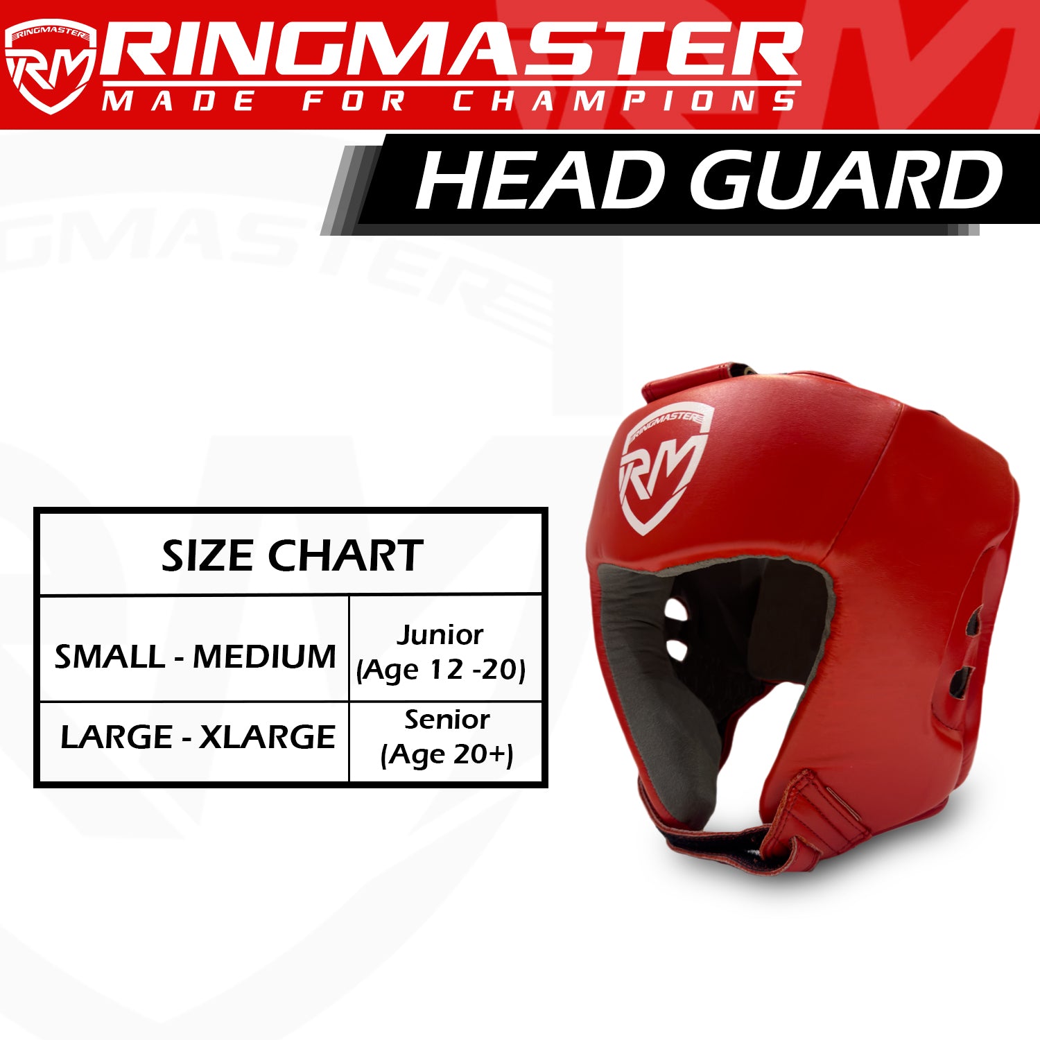 Size chart Ringmaster Head guard Boxing, Best boxing head guard, boxing head guard uk, MMA head guard, boxing headgear, Martial Arts head guard, boxing head guard open face, Boxing head guard for sale, face guard boxing, Red Head guard Boxing, RingMaster Sports Open Face Boxing HeadGuard Synthetic Leather Red Image 3